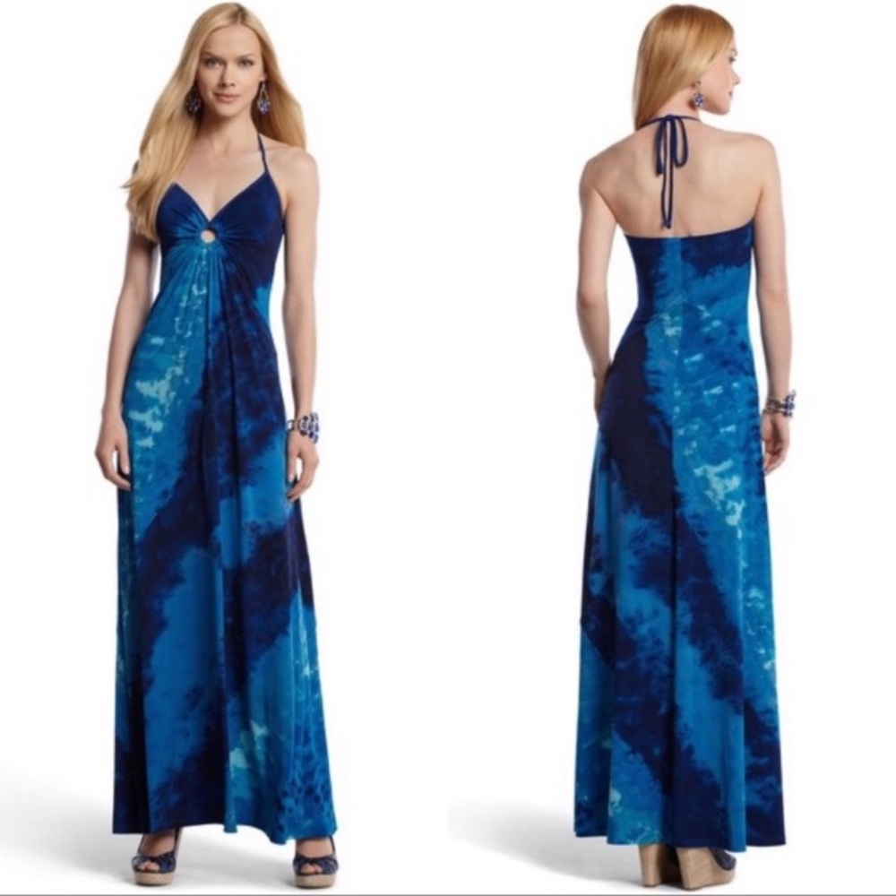 White House Black Market blue tie-dye halter maxi dress XS